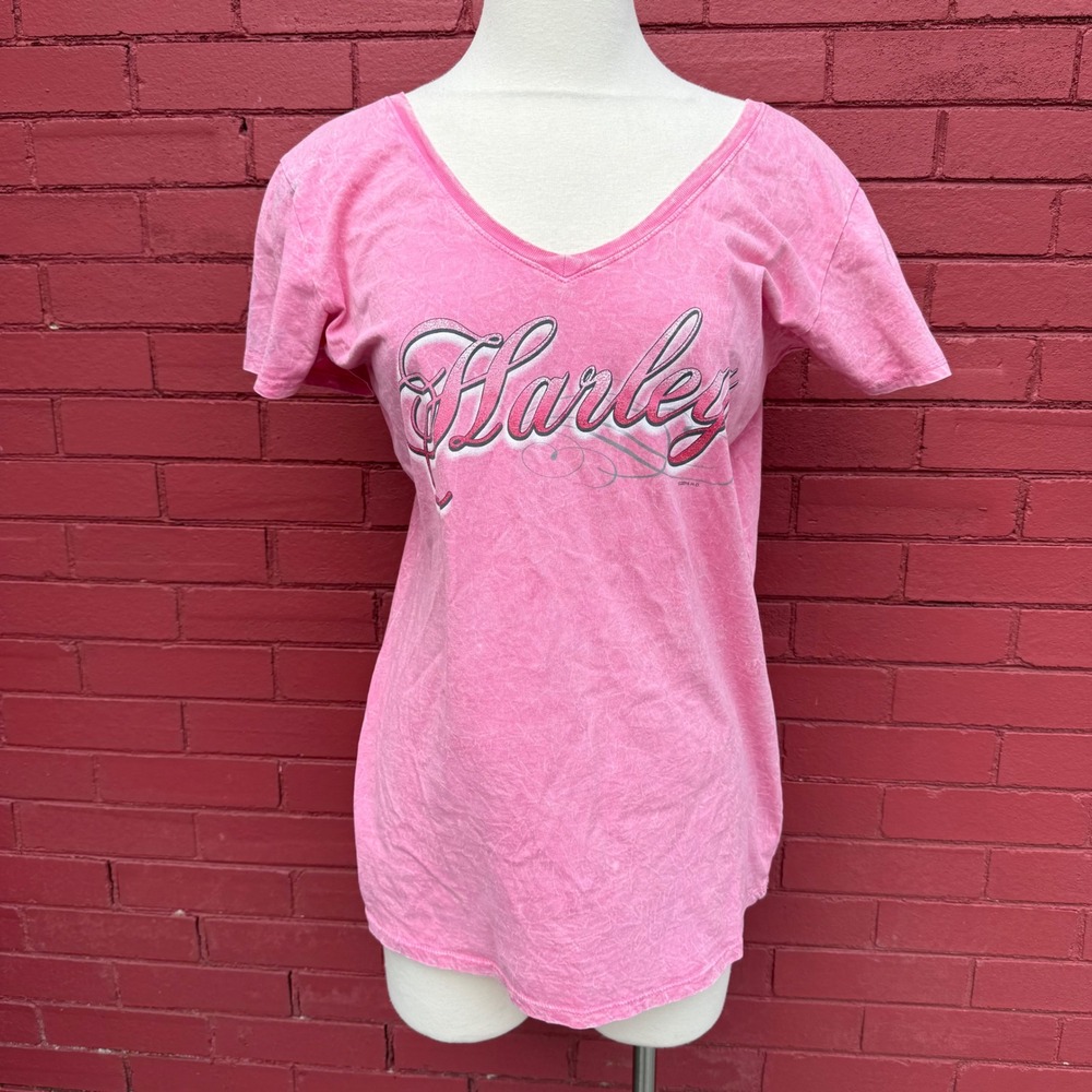 Harley Davidson Shirt Womens 2XL Pink Acid‎ Wash Pig Trail Arkansas Biker Preppy
